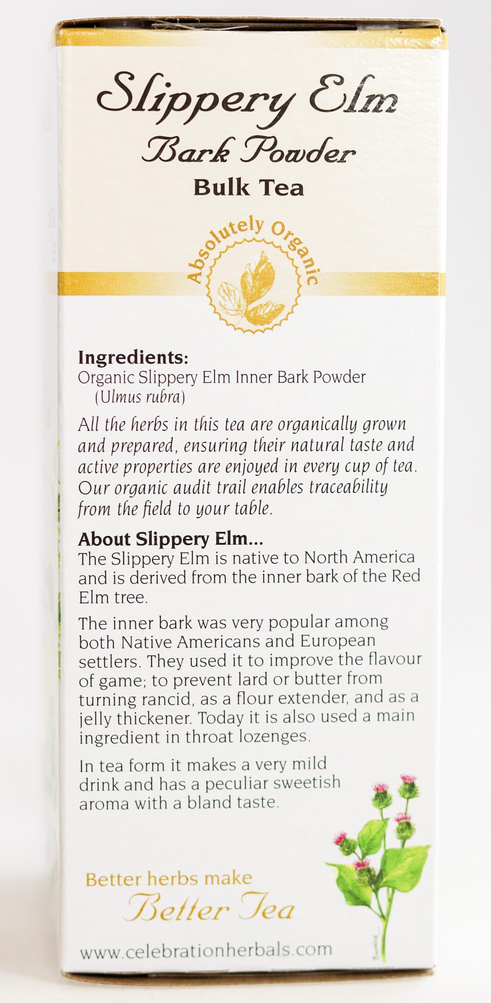 Celebration Herbals slippery elm bark powder being poured for a warm, soothing brew