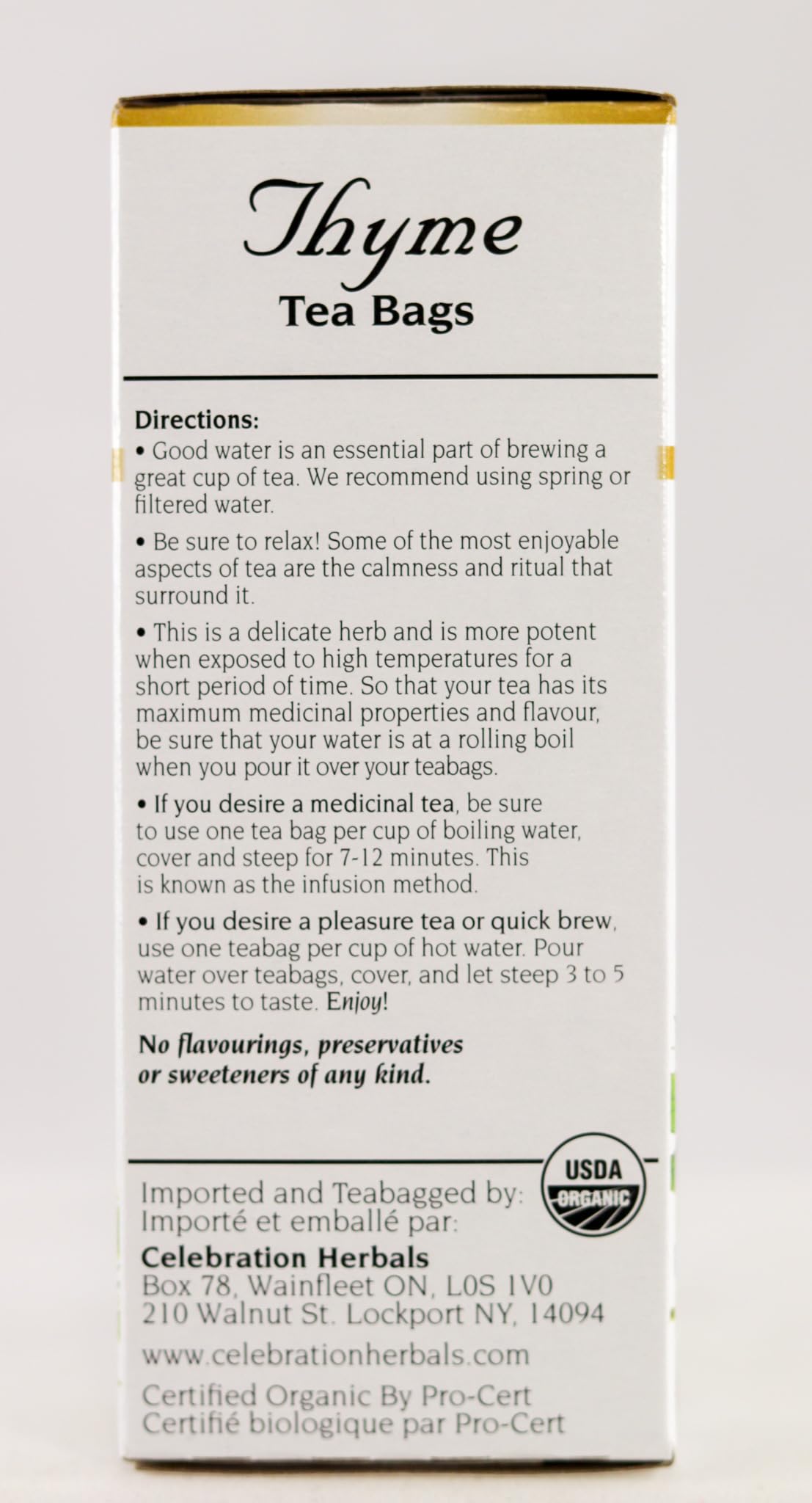 Celebration Herbals tea brew cup releasing inviting thyme aroma.