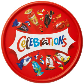 Celebrations chocolate tub exterior showing a festive 500 g assortment for sharing