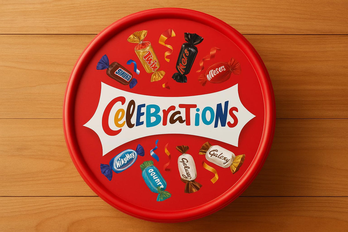 Celebrations chocolate tub opened to reveal assortment for party snacking