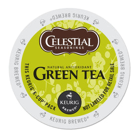 Celestial Seasonings authentic green tea packaging highlights the convenient K-Cup format for quick brewing.