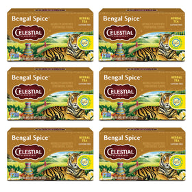 Celestial Seasonings Bengal Spice tea bags in box, caffeine-free chai option.