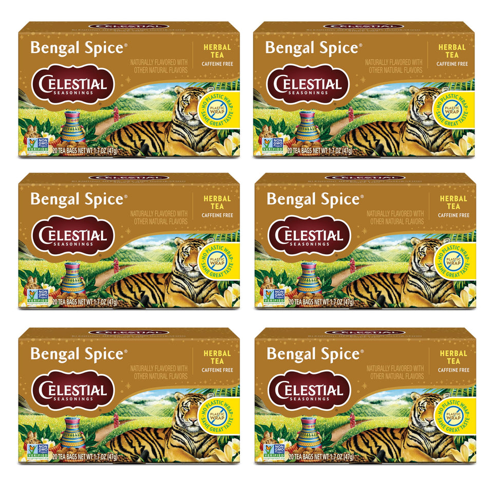 Celestial Seasonings Bengal Spice tea bags in box, caffeine-free chai option.