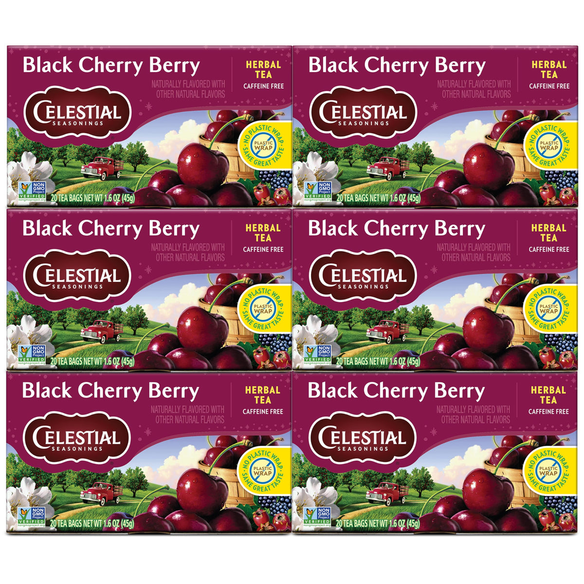 Celestial Seasonings Black Cherry Berry tea packets ready to brew, a caffeine-free fruit blend.