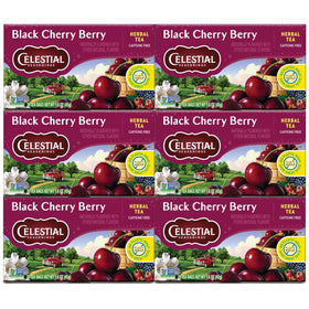 Celestial Seasonings Black Cherry Berry tea packets ready to brew, a caffeine-free fruit blend.