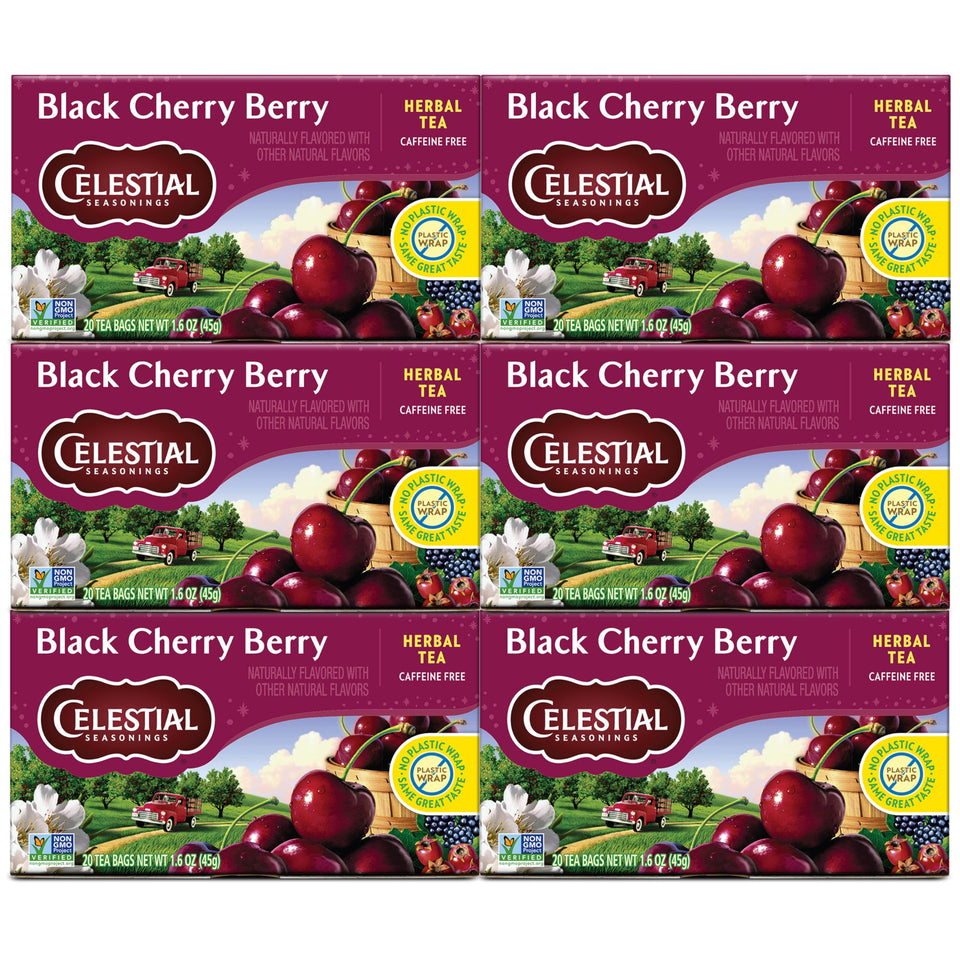 Celestial Seasonings Black Cherry Berry tea packets ready to brew, a caffeine-free fruit blend.