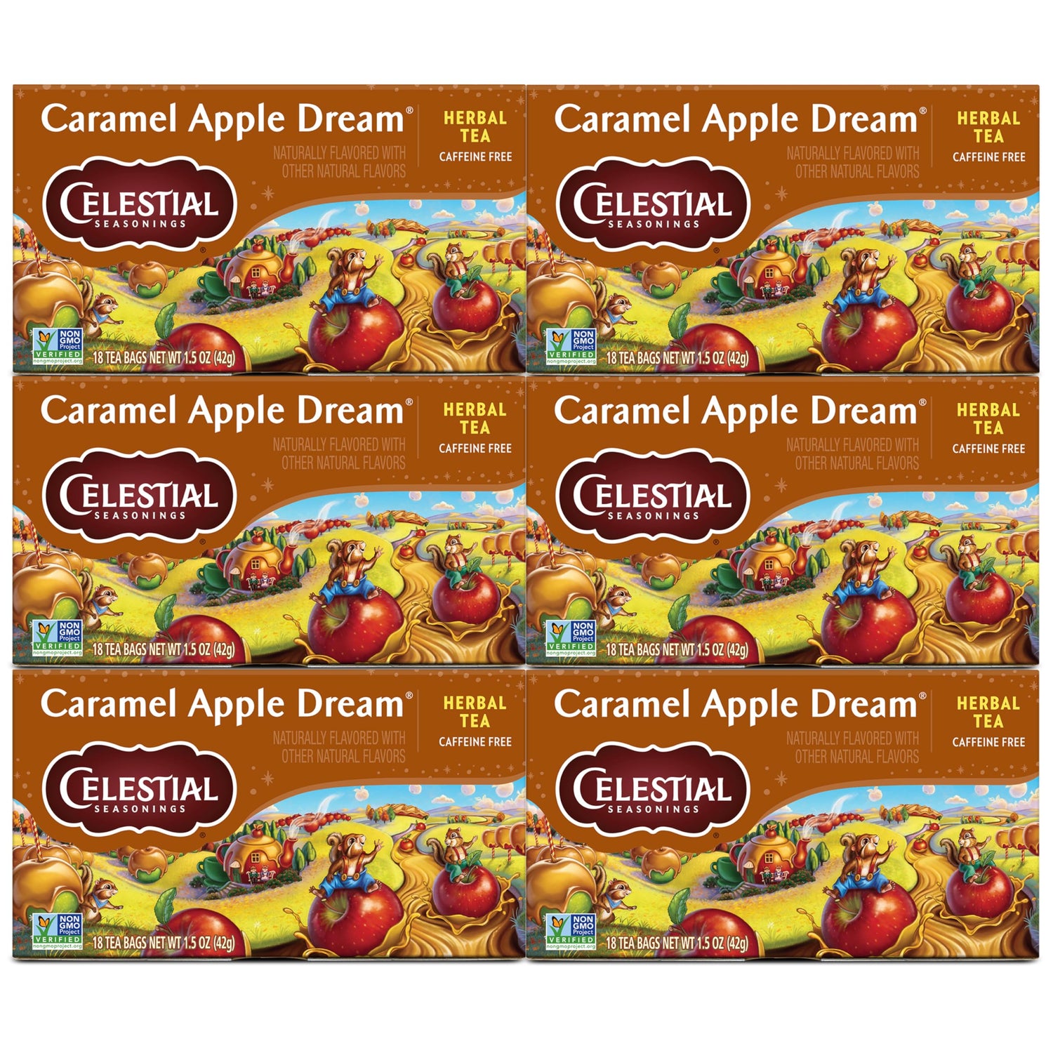 Celestial Seasonings Caramel Apple Dream tea box front; six-pack convenience for daily sipping.