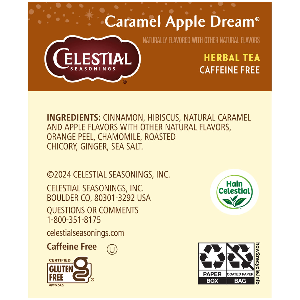 Close-up of Celestial Seasonings Caramel Apple Dream ingredients and flavors.