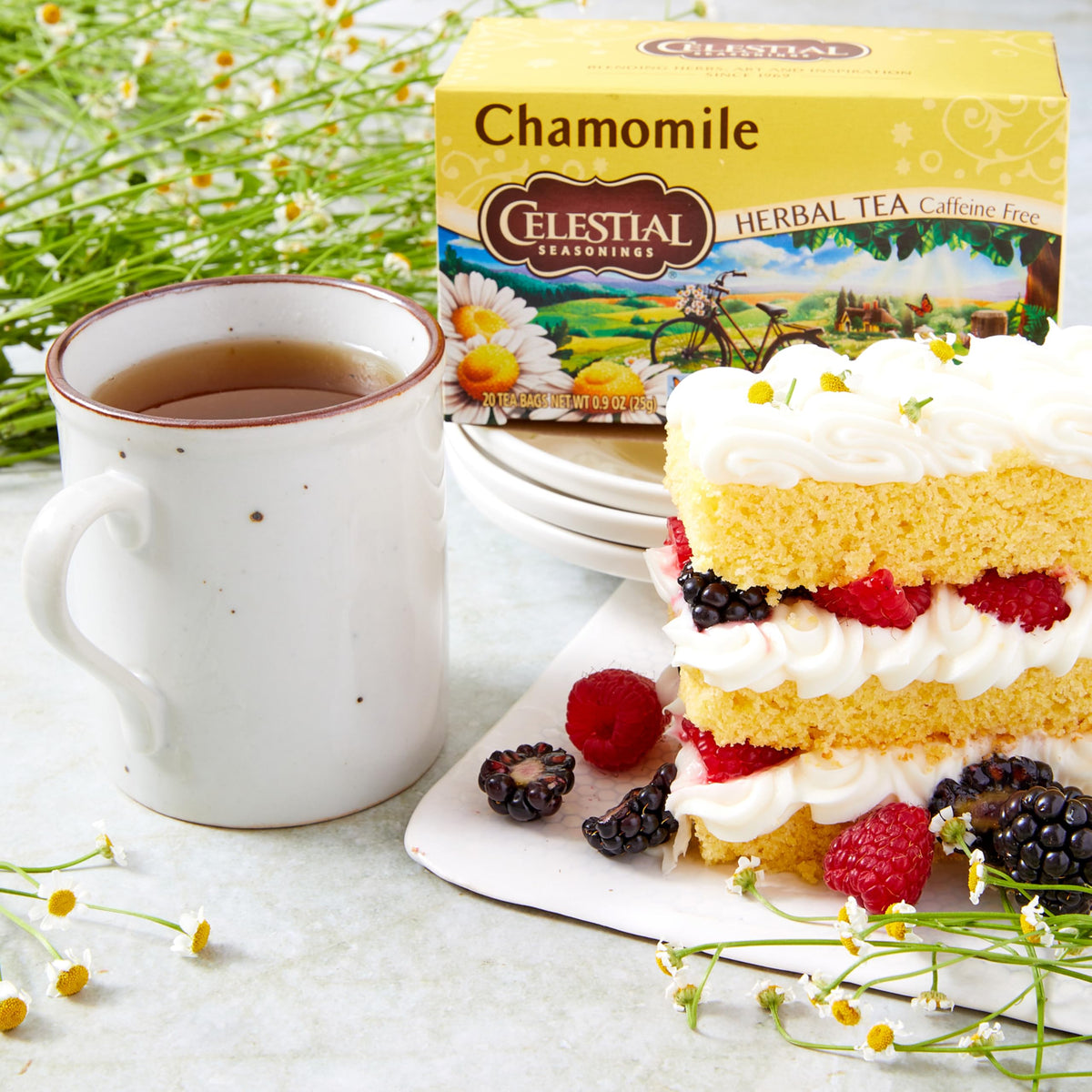 Celestial Seasonings Chamomile packaging highlights 100% natural herbs for clean ingredients