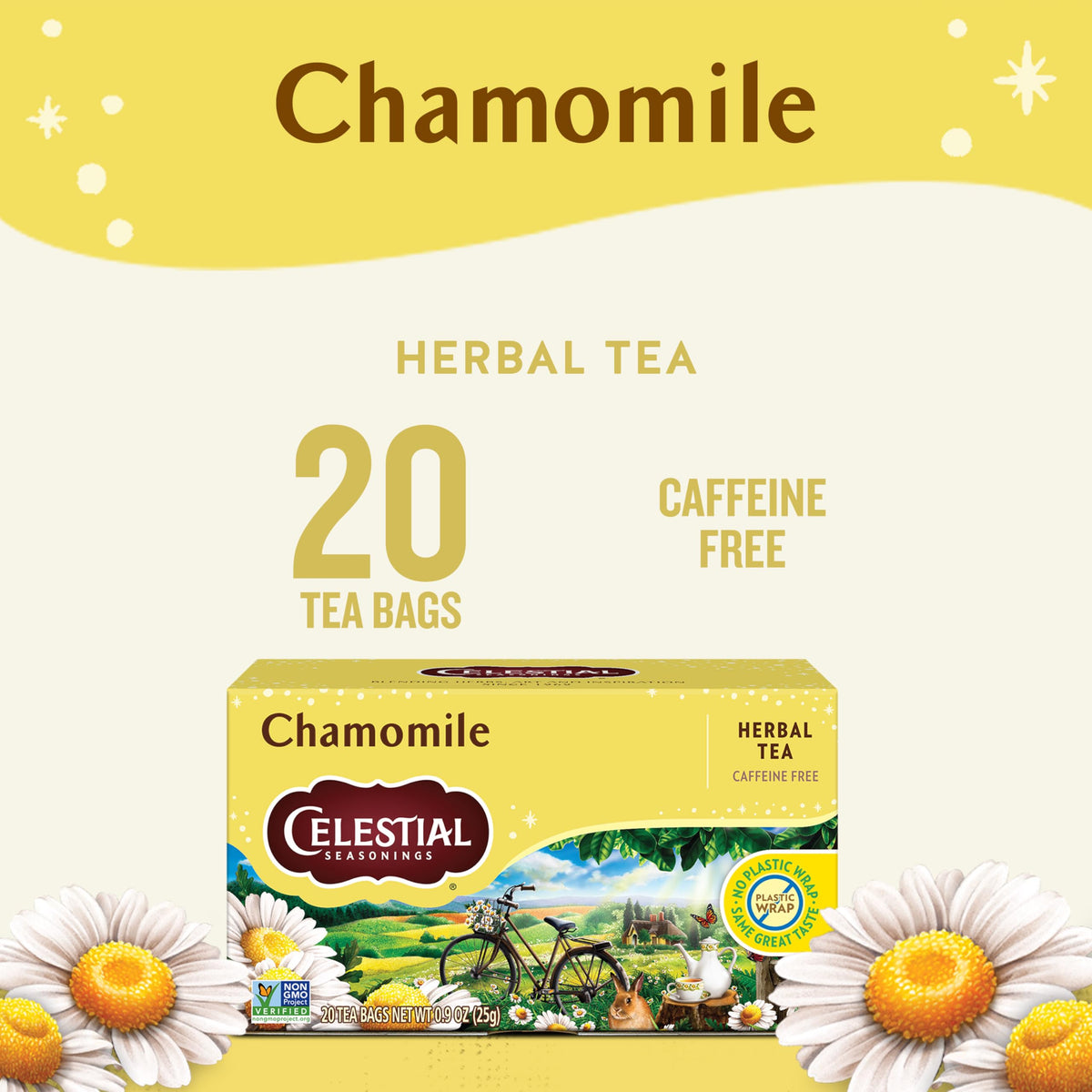Celestial Seasonings Chamomile box back view showing ingredients and sourcing details.
