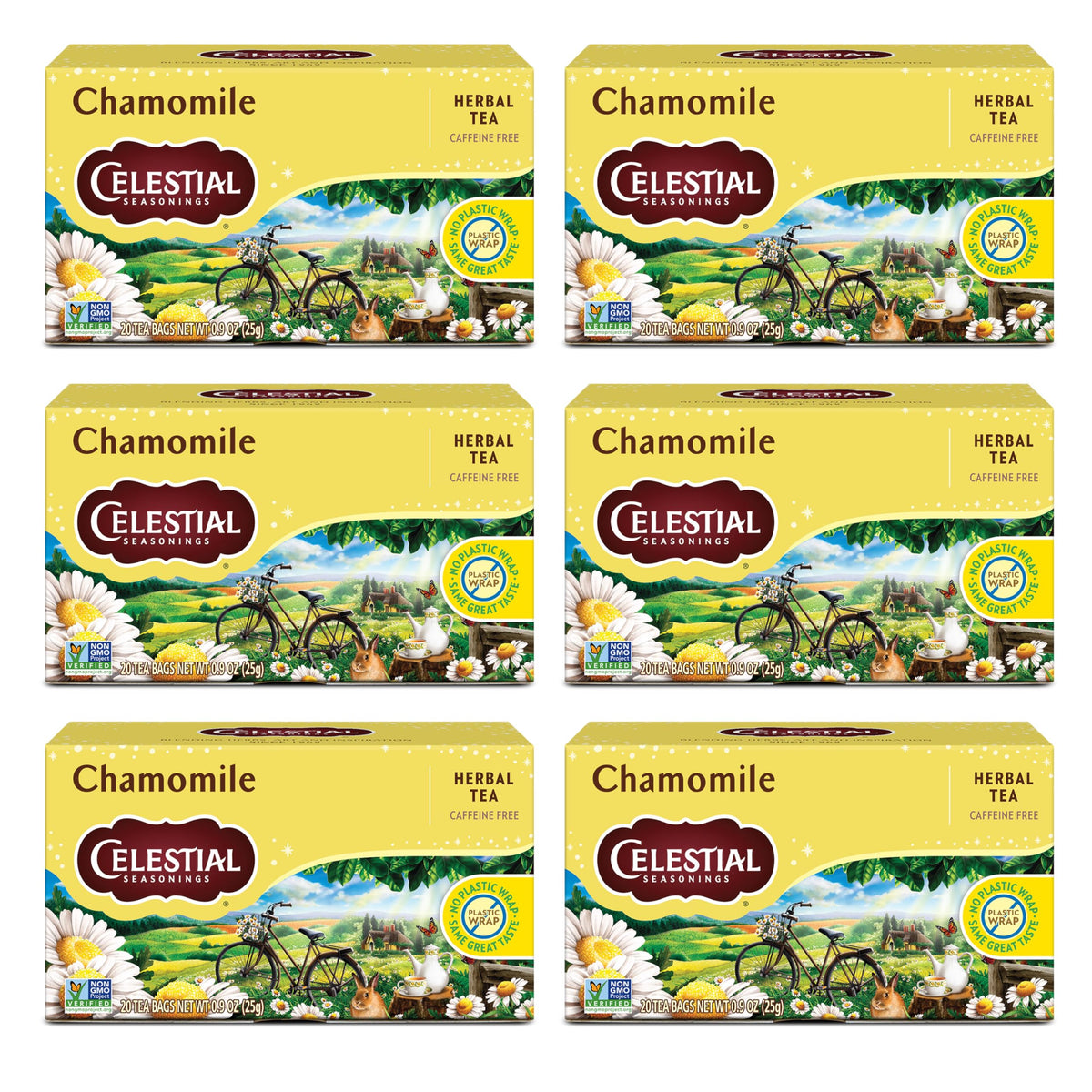 Celestial Seasonings Chamomile box front view highlighting the calming herbal blend.