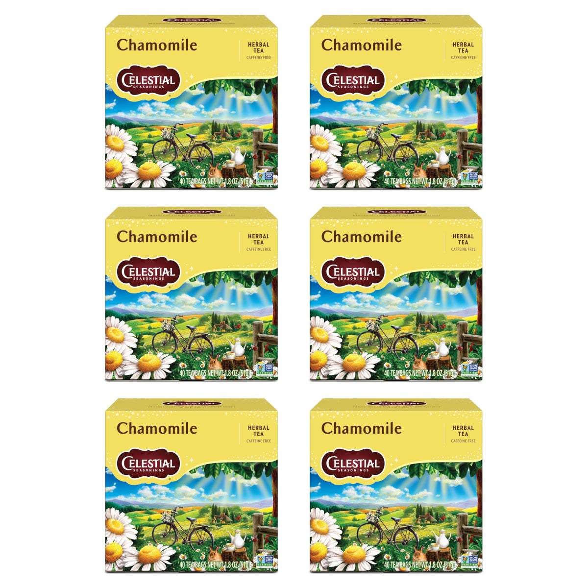 Celestial Seasonings Chamomile tea boxes in a six-pack for calm moments