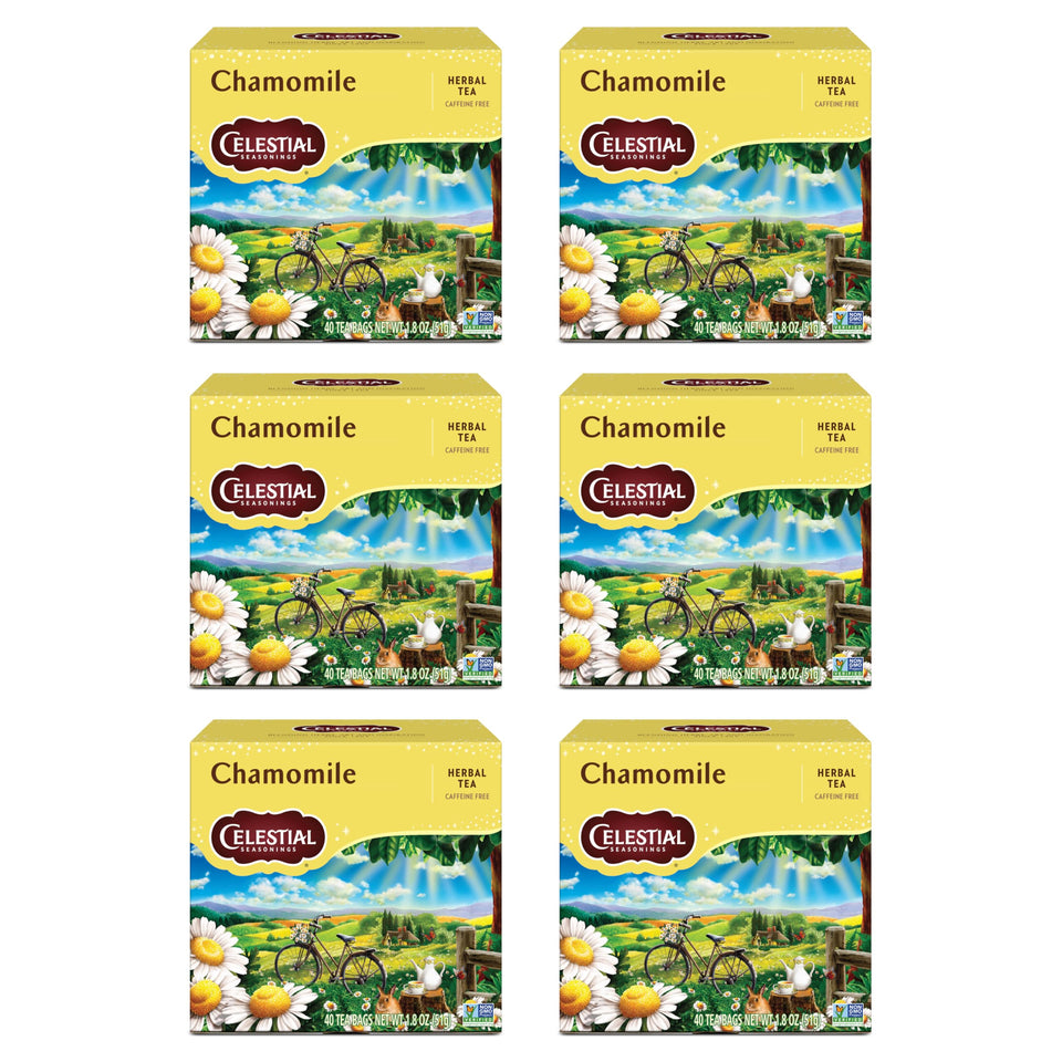 Celestial Seasonings Chamomile tea boxes in a six-pack for calm moments