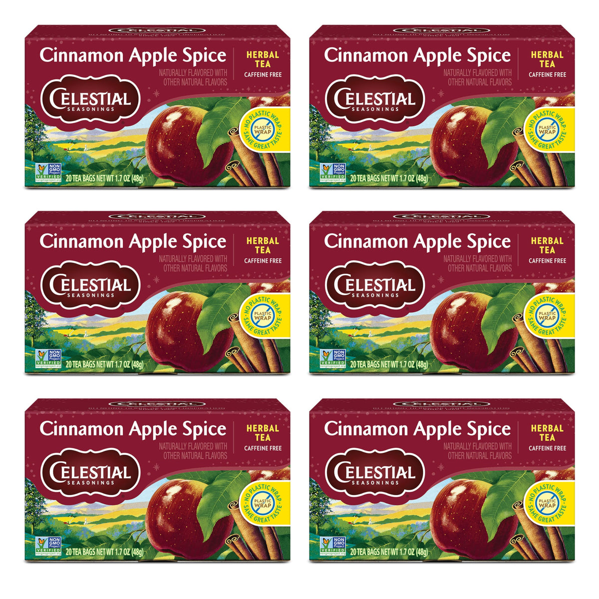Celestial Seasonings Cinnamon Apple Spice tea bags ready to brew a comforting, caffeine-free cup