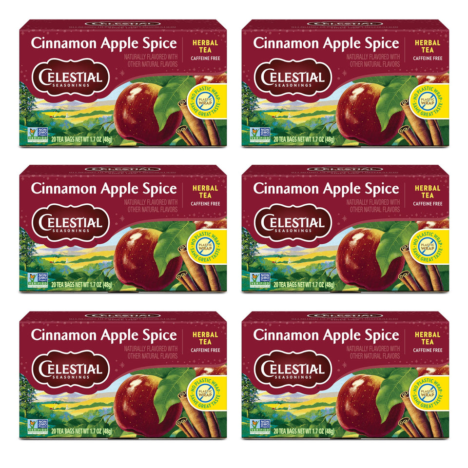 Celestial Seasonings Cinnamon Apple Spice tea bags ready to brew a comforting, caffeine-free cup