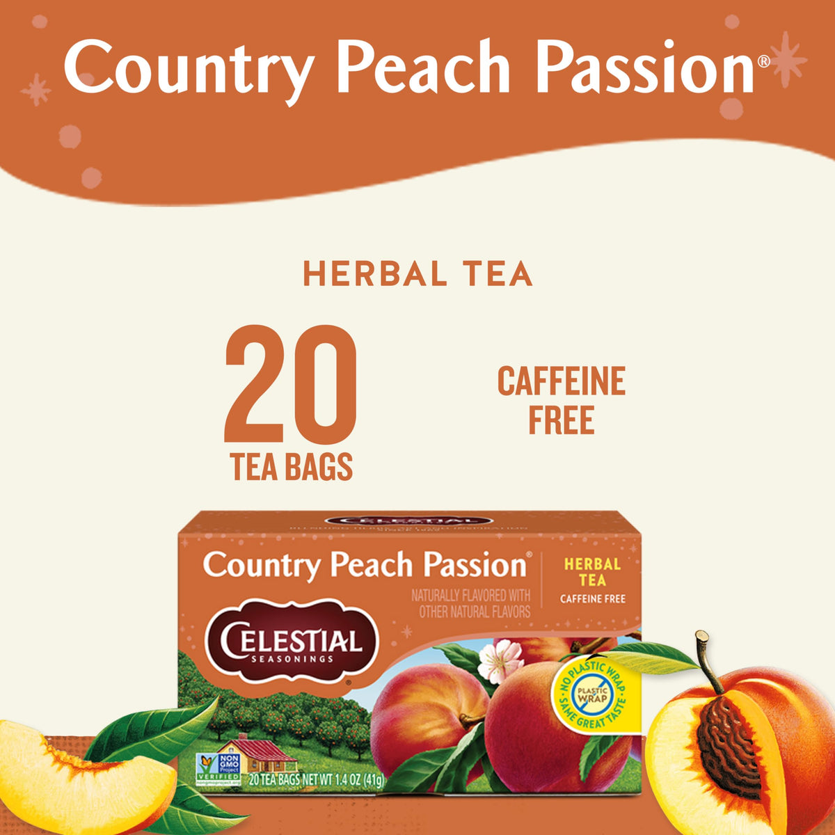 A box of Celestial Seasonings Country Peach Passion tea featuring peach and chamomile.