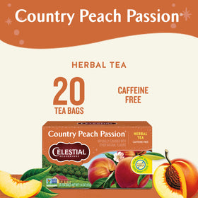 A box of Celestial Seasonings Country Peach Passion tea featuring peach and chamomile.