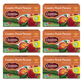 Celestial Seasonings Country Peach Passion tea bags ready to brew a caffeine-free cup.