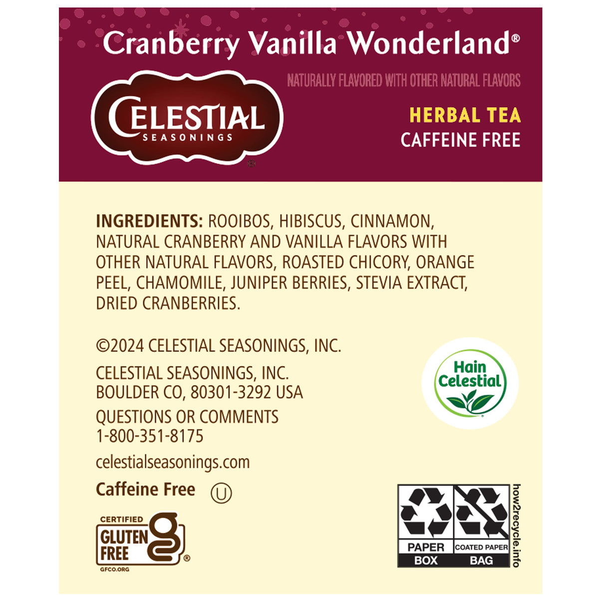 Celestial Seasonings Cranberry Vanilla Wonderland infusion highlights rooibos and hibiscus notes.
