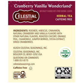 Celestial Seasonings Cranberry Vanilla Wonderland infusion highlights rooibos and hibiscus notes.