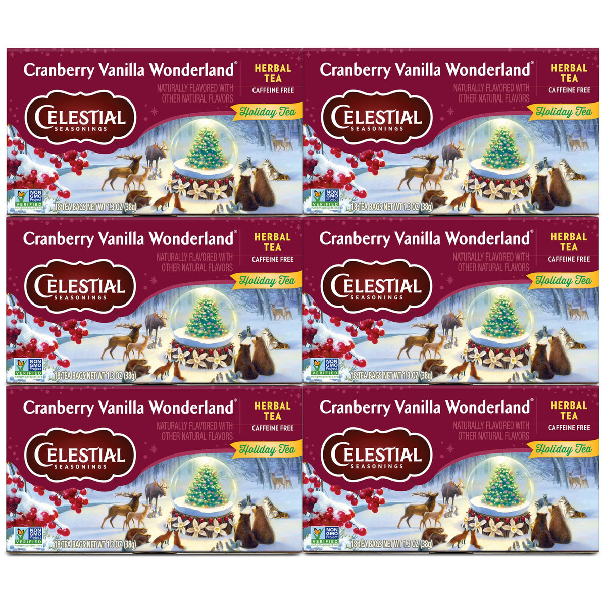 Celestial Seasonings Cranberry Vanilla Wonderland tea boxes offer a festive caffeine-free break.