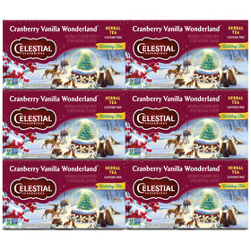 Celestial Seasonings Cranberry Vanilla Wonderland tea boxes offer a festive caffeine-free break.