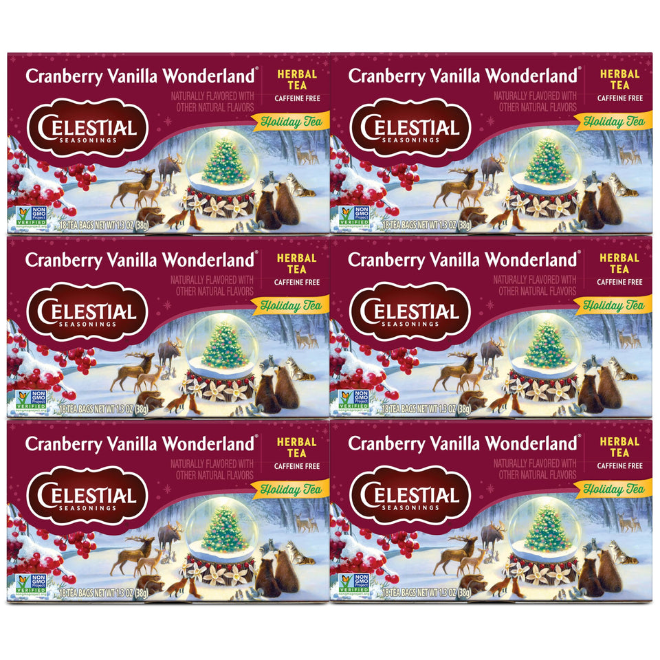 Celestial Seasonings Cranberry Vanilla Wonderland tea boxes offer a festive caffeine-free break.