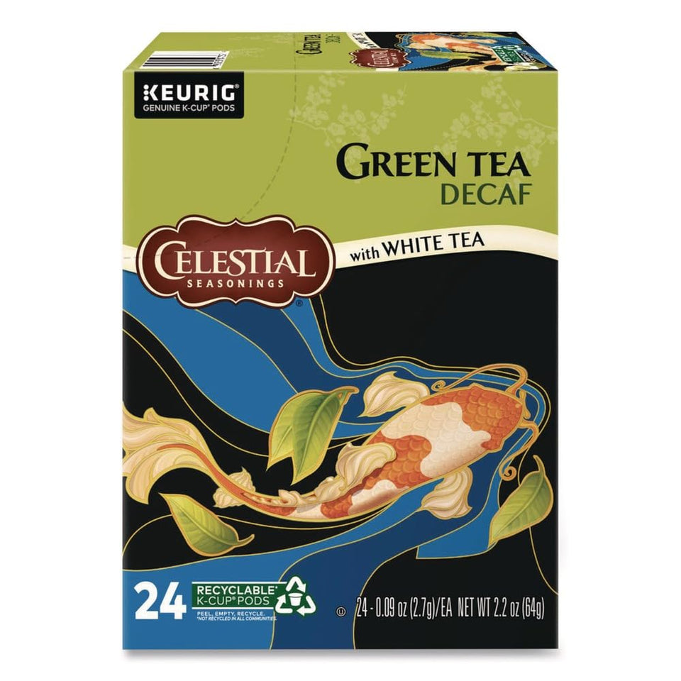 Celestial Seasonings decaf green tea K-Cup pod seen front view for evening tea.