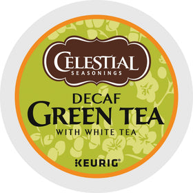 Hot cup being poured from Celestial Seasonings decaf green tea K-Cup with balanced aroma.