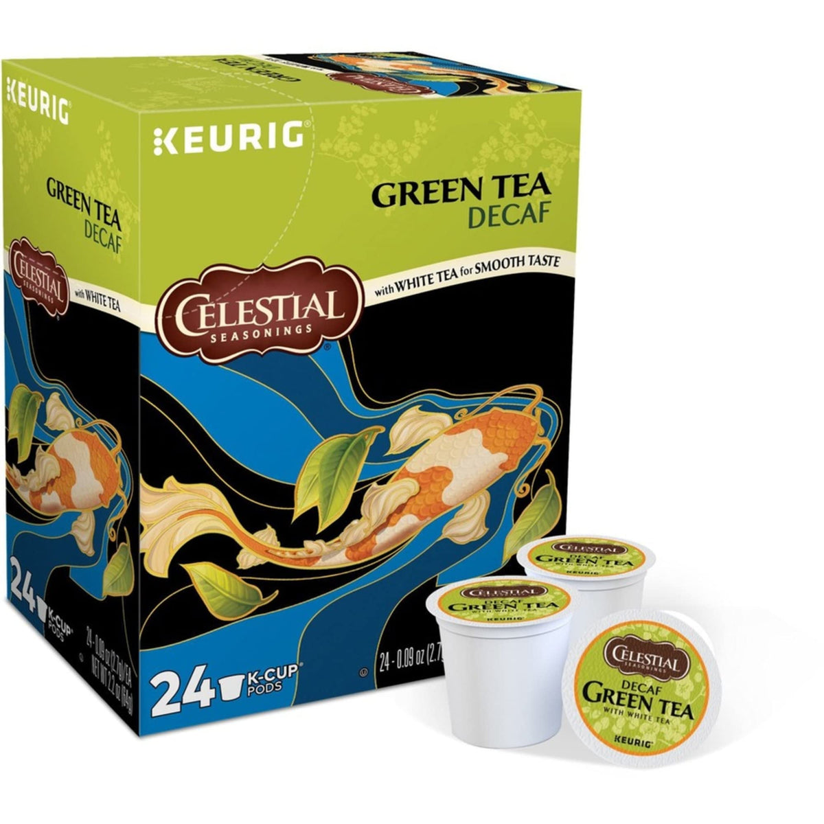 Bright mug scene with Celestial Seasonings decaf green tea K-Cup offering a comforting caffeine-free break.