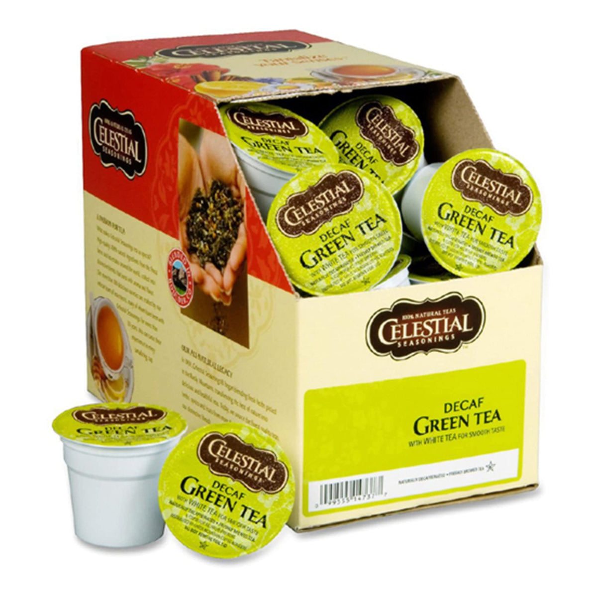Close-up of Celestial Seasonings decaf green tea K-Cup ready to brew a smooth, caffeine-free moment.