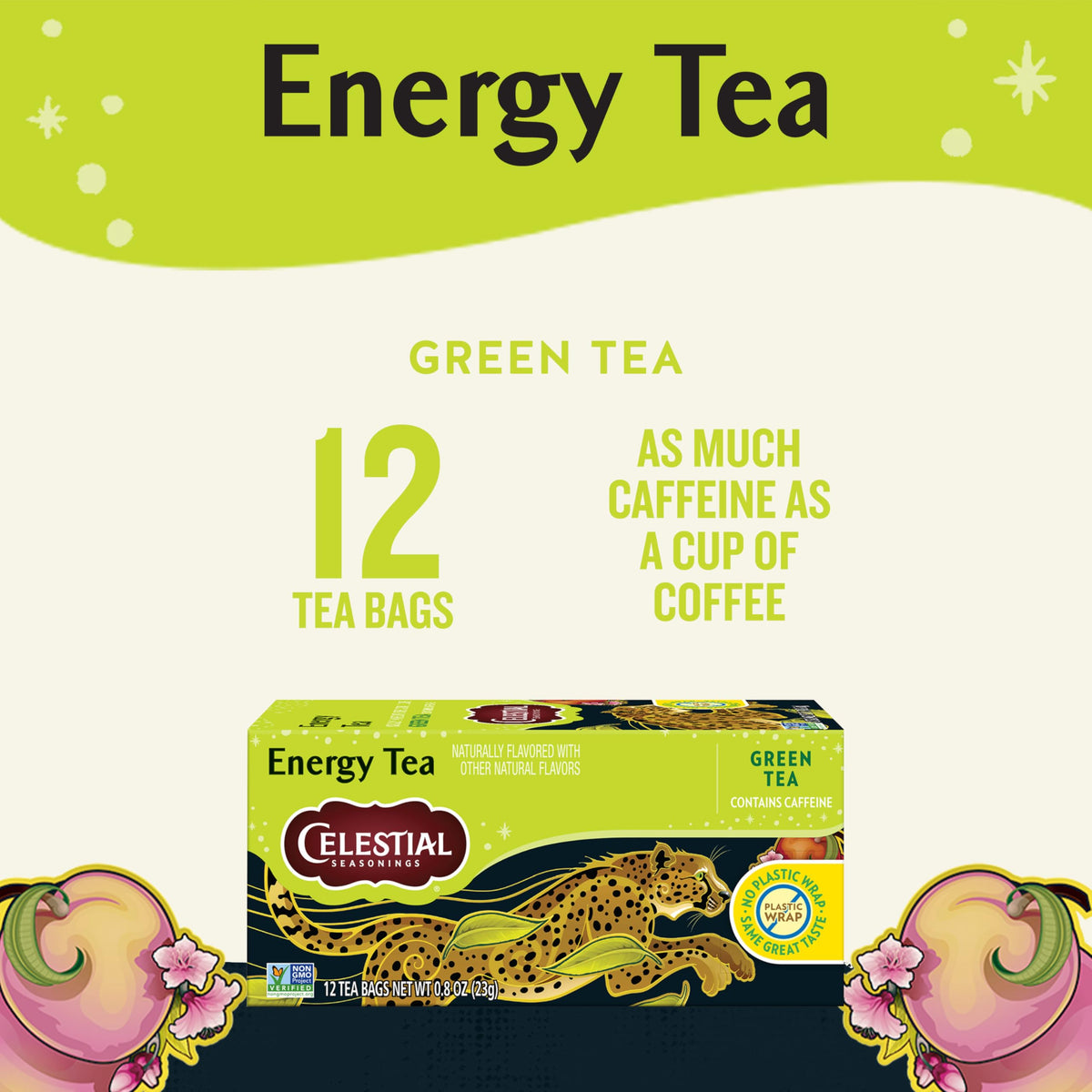 Celestial Seasonings Energy Green Tea tea bags ready for an energizing cup.