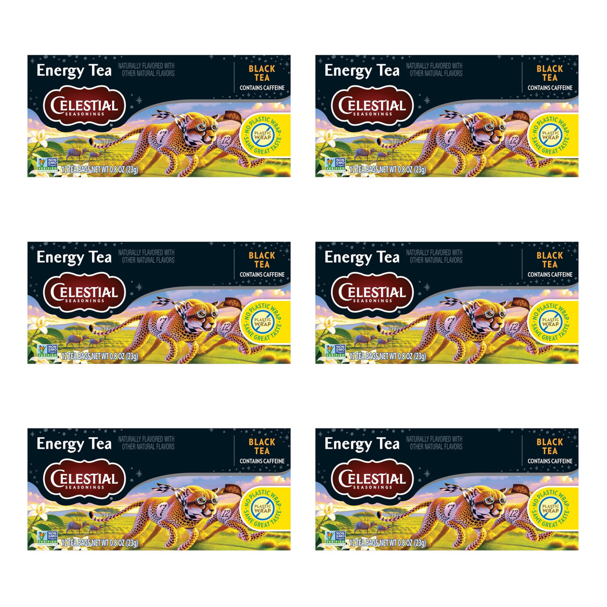 Celestial Seasonings Energy Tea box pack 6 emphasizes convenient caffeine boost.