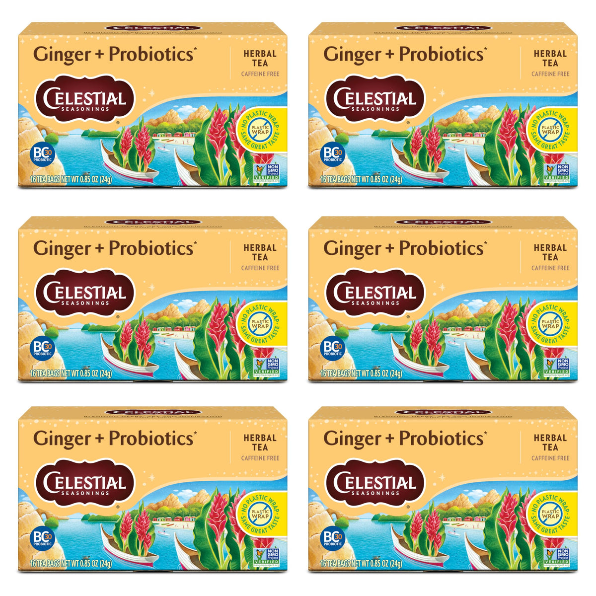 Celestial Seasonings Ginger Probiotics tea box for gentle digestion support.