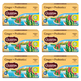 Celestial Seasonings Ginger Probiotics tea box for gentle digestion support.