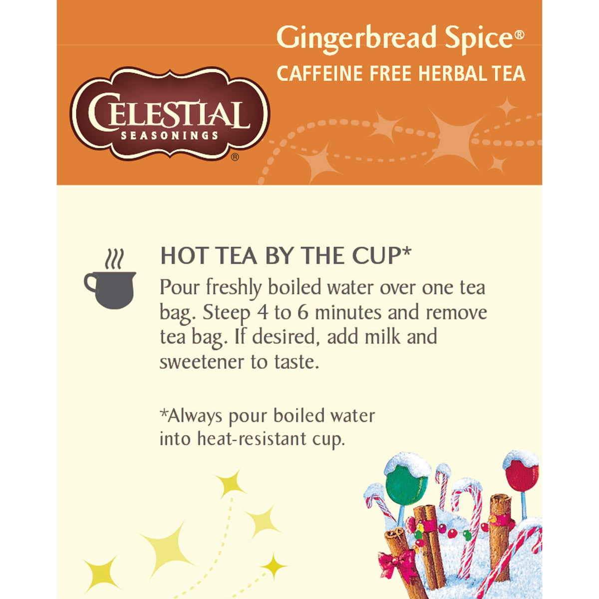 Boxes stacked, six 18-count bundles of Gingerbread Spice tea.