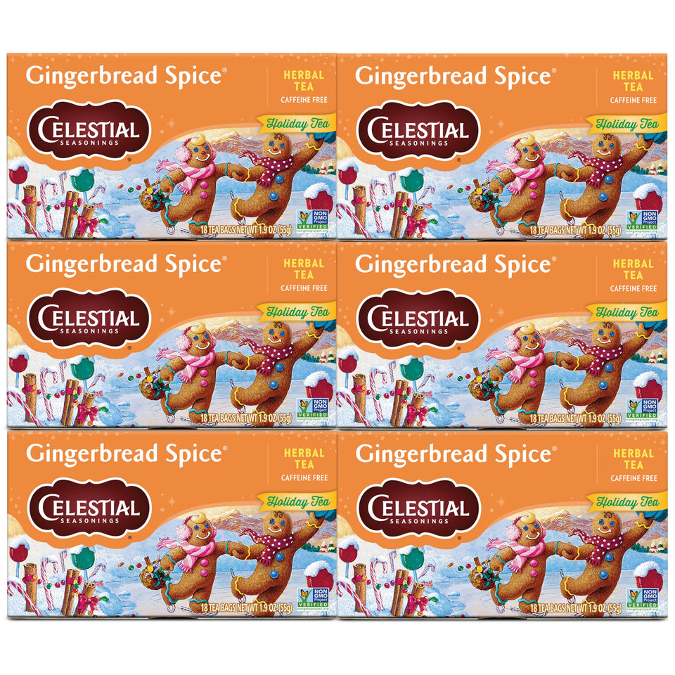 Celestial Seasonings Gingerbread Spice tea box front, inviting a cozy afternoon ritual.