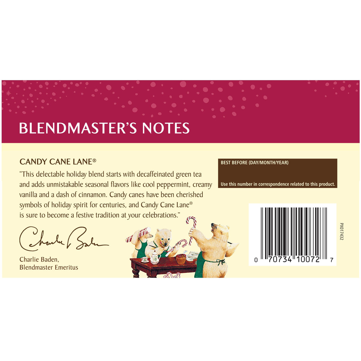 Celestial Seasonings Green Tea Candy Cane Lane cup image highlighting mint and vanilla aroma for a refreshing break