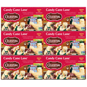 Celestial Seasonings Candy Cane Lane decaf green tea pack showcasing six boxes, ideal for evening routines