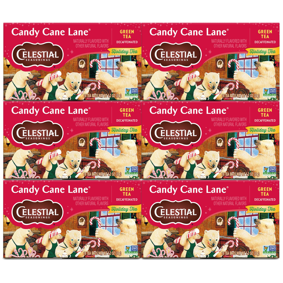 Celestial Seasonings Candy Cane Lane decaf green tea pack showcasing six boxes, ideal for evening routines