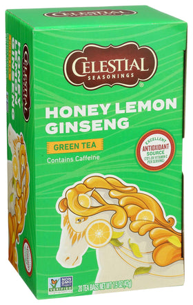 Box packaging of Celestial Seasonings green tea honey lemon ginseng pack for daily use.