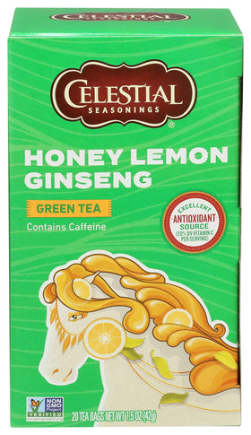 Glass of Celestial Seasonings green tea honey lemon ginseng ready for iced or hot serving.