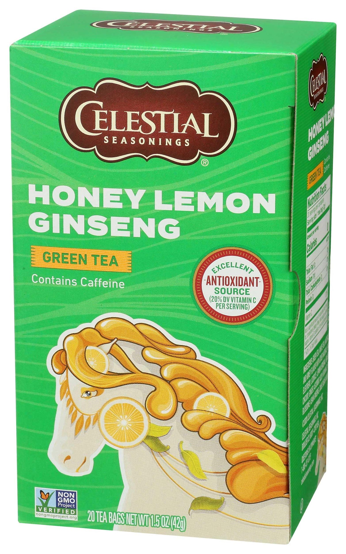 Six-pack display of Celestial Seasonings green tea honey lemon ginseng for steady supply.