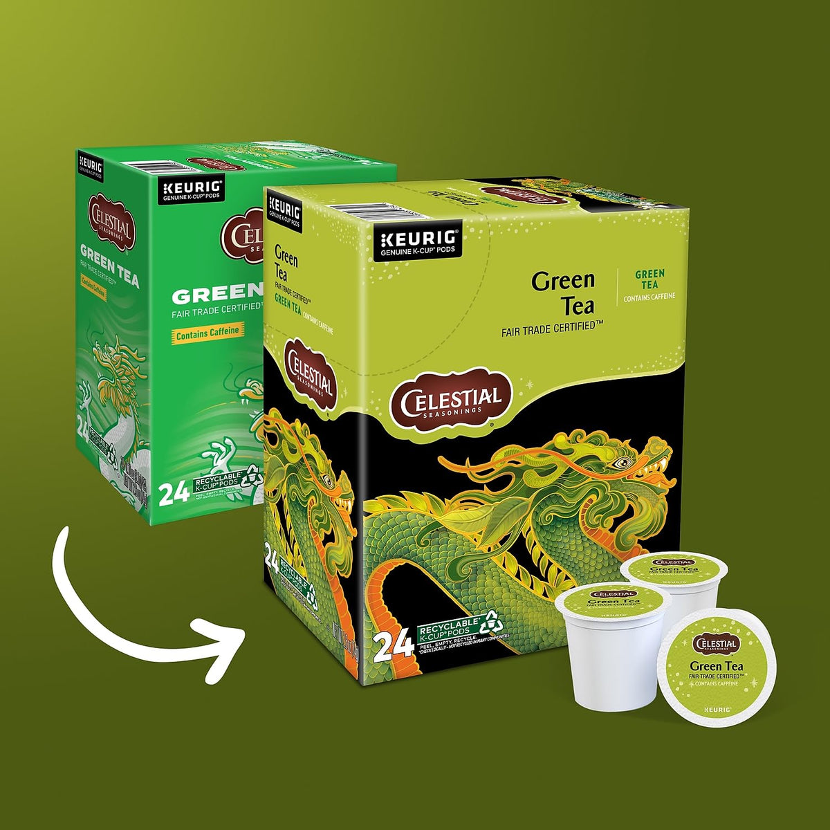 Close-up of Celestial Seasonings green tea K-Cup brewer compatibility for Keurig machines.