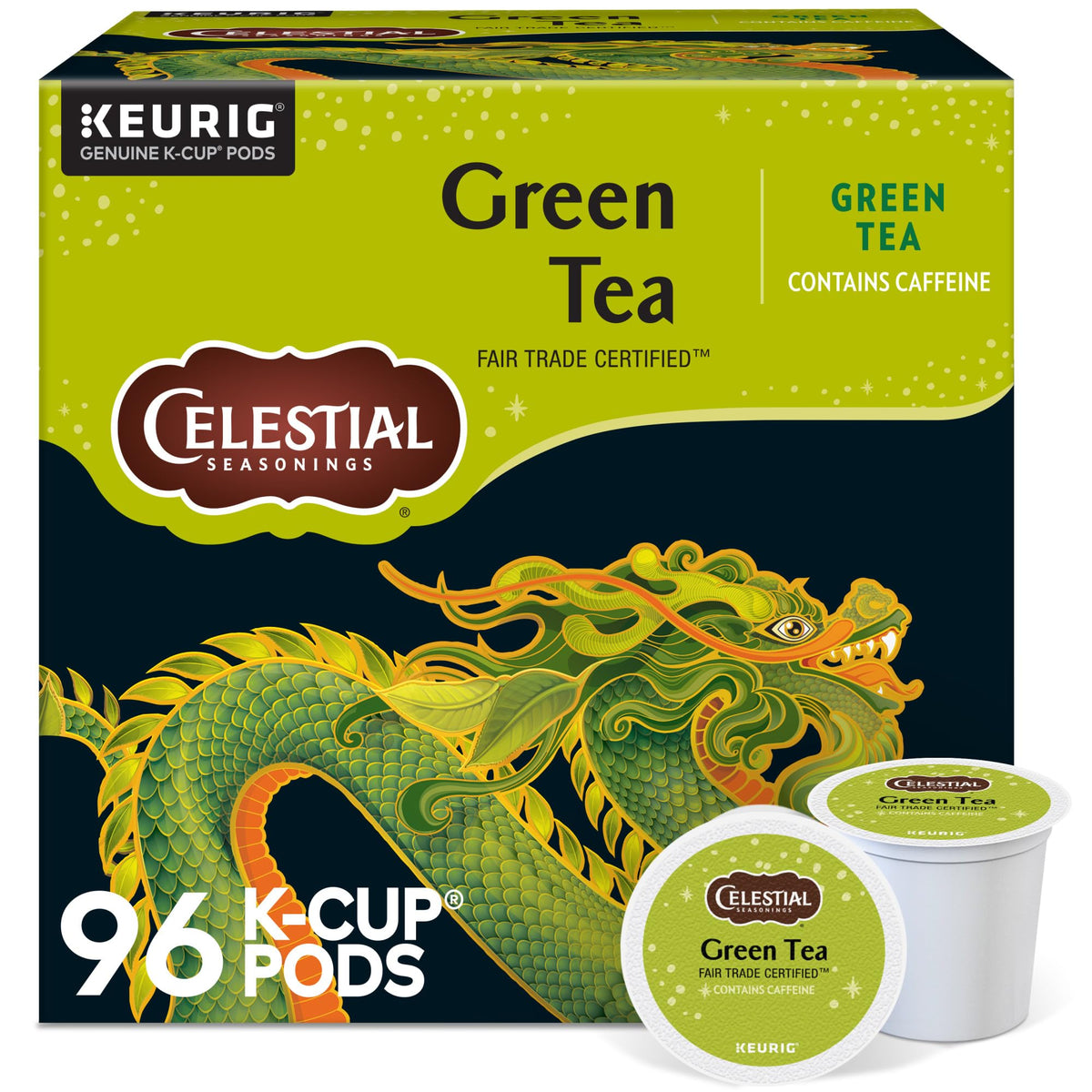 Celestial Seasonings green tea K-Cup pods 96-count box for quick mornings.