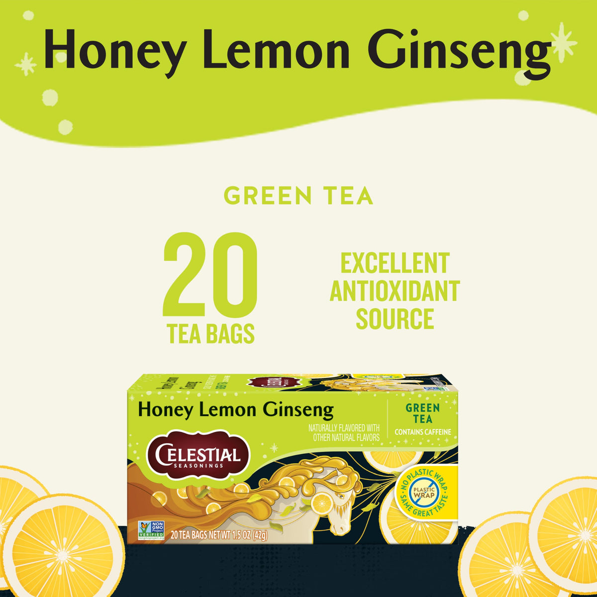 Brewing Celestial Seasonings Honey Lemon Ginseng Green Tea cup releases citrus-green aroma.