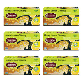 Celestial Seasonings Honey Lemon Ginseng Green Tea bags ready for brewing.
