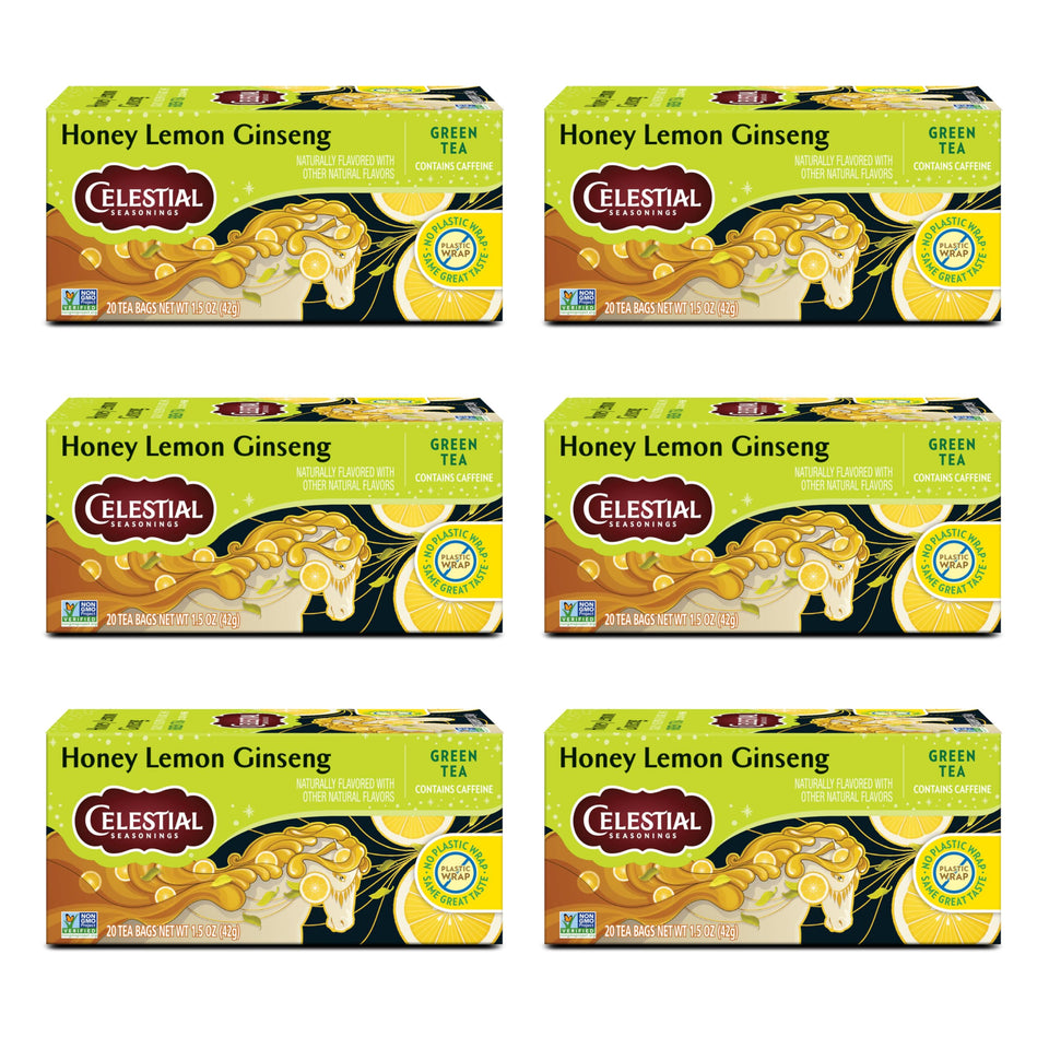 Celestial Seasonings Honey Lemon Ginseng Green Tea bags ready for brewing.