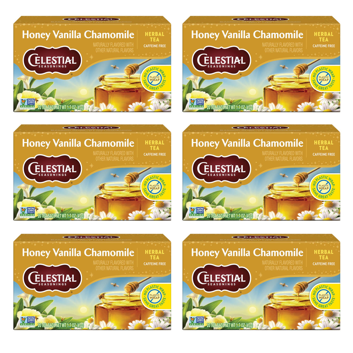 Celestial Seasonings honey-vanilla-chamomile-tea-bags caffeine-free soothing flavor.