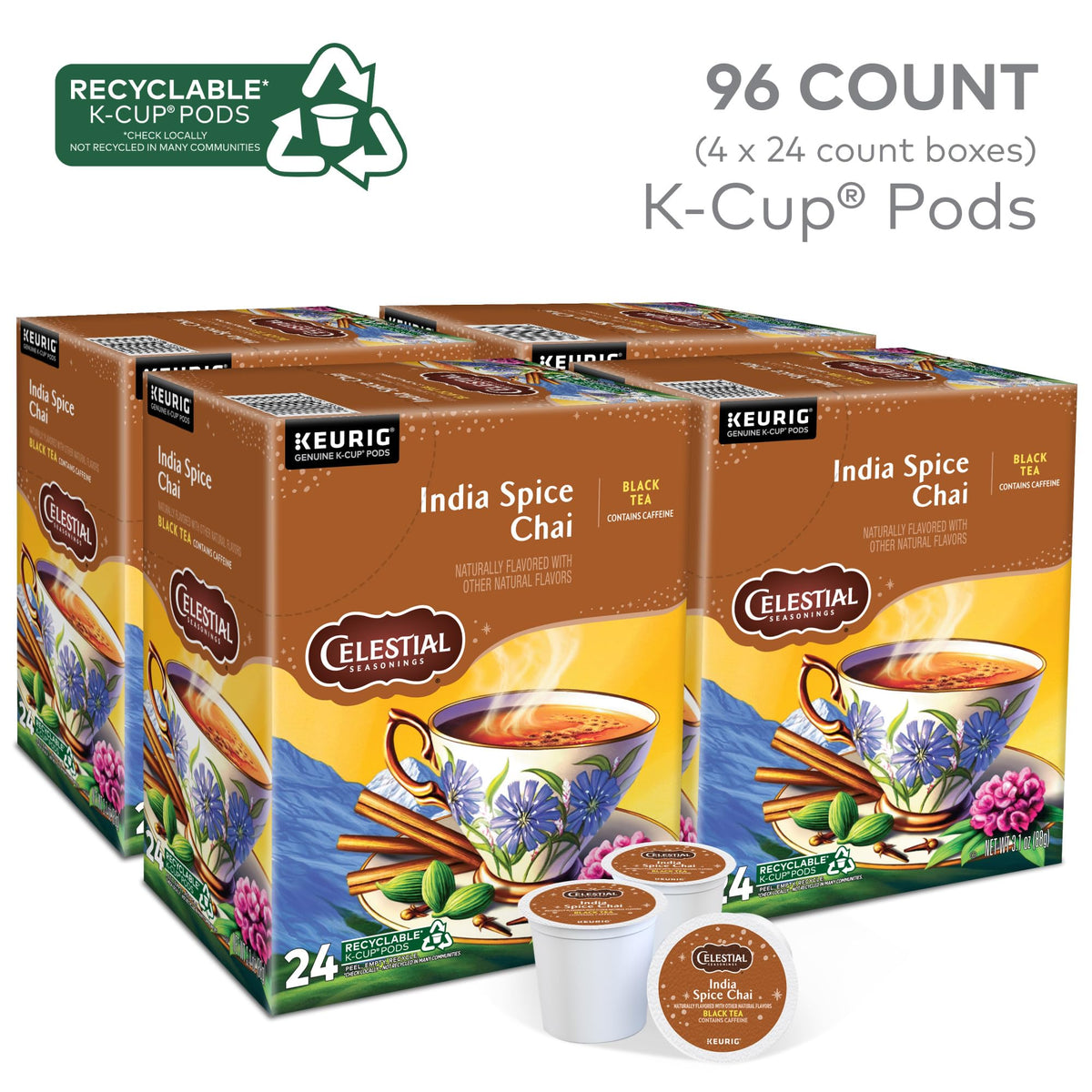Celestial Seasonings India Spice Chai K-Cup pod ready for on-demand brew.